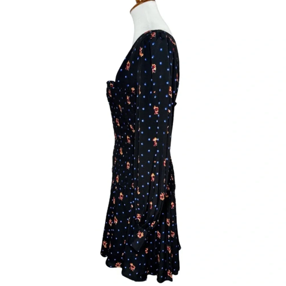 Free People Smocked Floral Celestial Star Black Long Sleeve Skater Mini Dress - Picture 7 of 14